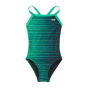 TYR Girls' Durafast Elite Diamondfit Swimsuit, Green Speedwarp, 24